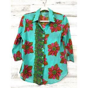 Antica Sartoria By Giacomo Cinque Womens L Teal Blue Floral Lightweight Blouse